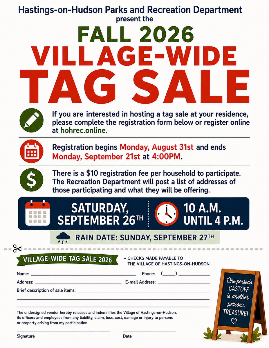 hohgov's tweet photo. Hastings Recreation: Fall 2026 Village-Wide Tag Sale - REGISTRATION ENDS MONDAY SEPT 21 https://t.co/qg1rZuuOOv https://t.co/ymgUDxbiv9