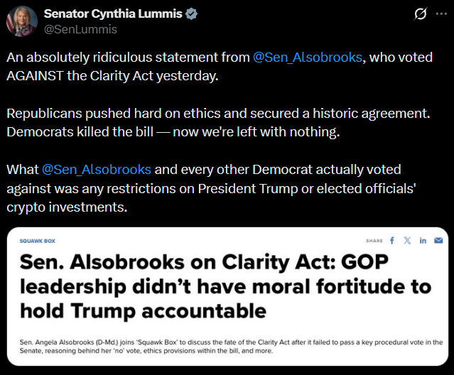 RTB_io's tweet photo. JUST IN: Sen. Cynthia Lummis blasts Democrats after the CLARITY Act failed, saying the vote also opposed limits on crypto investments by elected officials. #ClarityAct #Crypto #Lummis