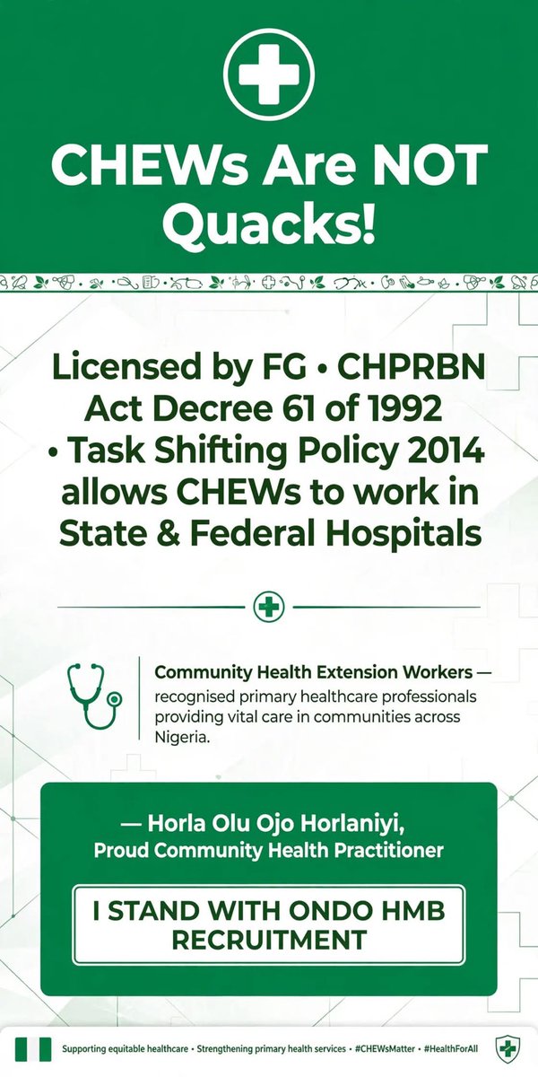 ObaAnu43204's tweet photo. The attack on CHEWs recruited by Ondo State Hospital Management Board is unfair and illegal. Let's set the record straight. 🧵

#SupportCHEWs #OndoHMB https://t.co/DZUfnfQerr