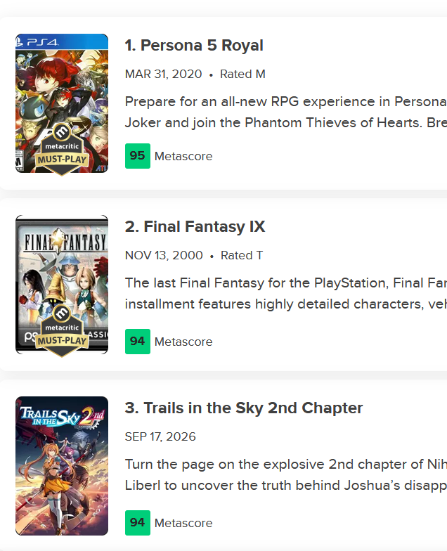 pory_leeks's tweet photo. is that oomf in 3rd place all time on the Metacritic all time rated JRPG list? https://t.co/Xe2V0PayJG