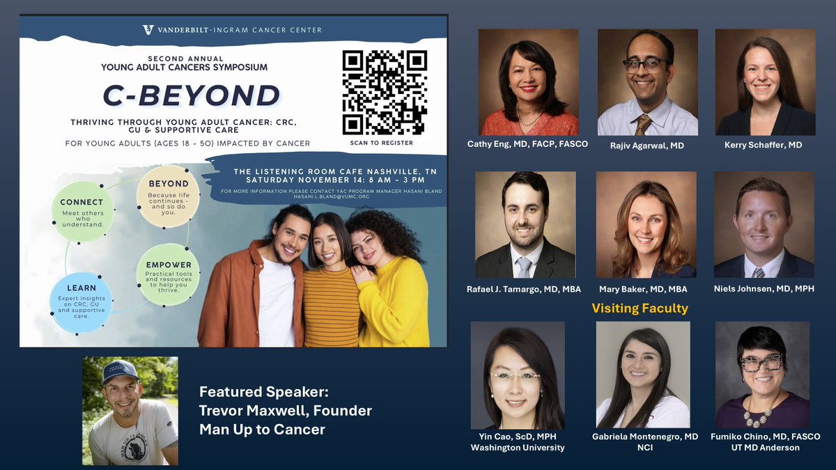 CathyEngMD's tweet photo. We are looking forward to hosting our 2nd Annual @VUMCDiscoveries #YoungAdult #Cancer 
C-BEYOND Symposium!  
▶️#Colorectal #Genitourinary #SupportiveCare
▶️Meet and Greet 11/13/2026 #PrintingHouseHotel
▶️Symposium Date: 11/14/2026
▶️ Venue: @listeningroom #Nashville
▶️8AM - 3PM
▶️Registration: https://t.co/L8Rsw7UMO9

#Visitingfaculty: #YinCao @washumedicine #GabrielaMontenegro @NIH @fumikochino @UTMDAnderson 

#PatientPanel: @mholtzonline #TrevorMaxwell @Survivor_Fit @ctycka @FightCRC @justinlevenson 
@wwp 

#patientadvocate #PatientCare #psychoncology #sexualfunction #financialtoxicity #cancergenetics #exposome