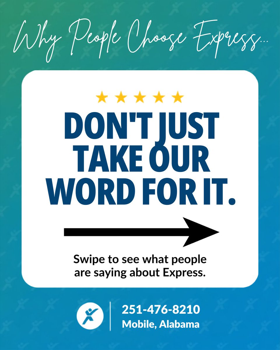 ExpressProsMob's tweet photo. Don’t just take our word for it.

Swipe through to see what people have to say about their experience with Express Employment Professionals.

Real people. Real experiences. Real reviews.
#ExpressPros #MobileAL #PeopleAndJobs https://t.co/nWS2Q9Mxca