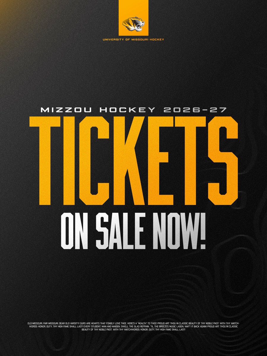 MizClubHockey's tweet photo. 🚨 TICKETS ARE LIVE! 🚨
2026–27 Mizzou Hockey single-game and season tickets are officially on sale!
🎟️ Visit the link below for everything you need to know about tickets!
🔗: https://t.co/FMnaQQZvkM
#MizzouHockey #ShowMeYourStripes #ACHA https://t.co/R9TJYldRRi