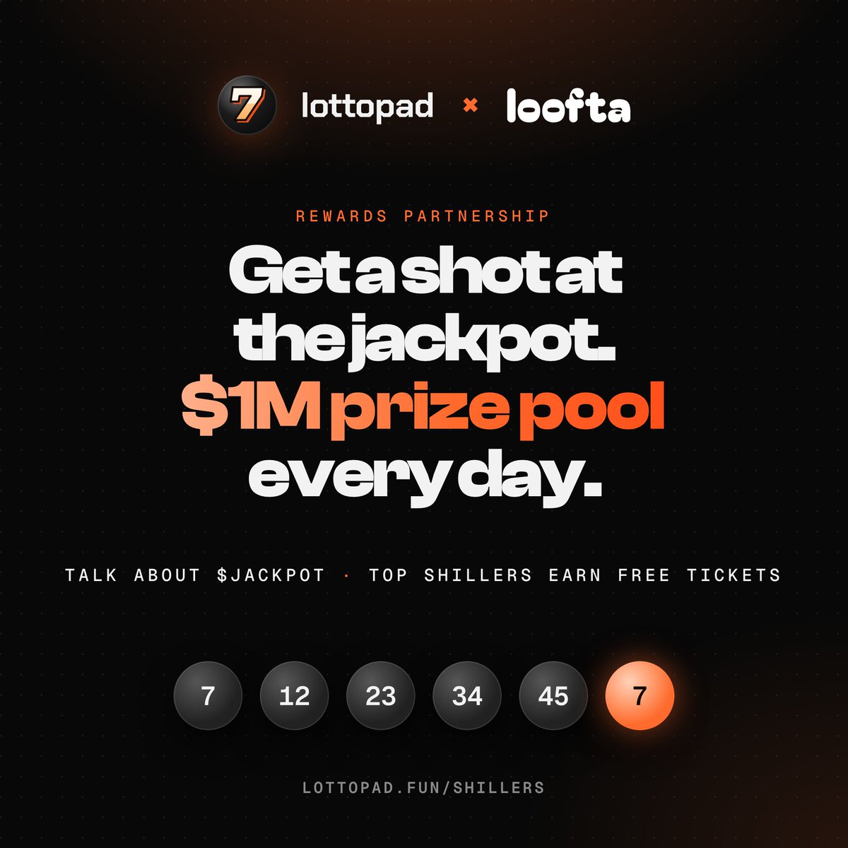 looftapay's tweet photo. We're partnering with @lottopad777 on $JACKPOT 🎰

Every creator fee $JACKPOT earns buys @Megapot lottery tickets, every day. Wins buy the coin back and burn it.

Talk about $JACKPOT on X and the top shillers each week get free Megapot tickets, gifted through https://t.co/t0vyhwY691 and claimable with your X account! 

$1M prize pool, every day.

CA: CgTPWVY5fu4FqHtjzi8v5yTkuQA9iTne4ay8fu4EASY