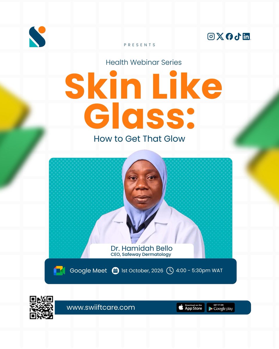 SwiiftCare's tweet photo. What does healthy, glowing skin really require beyond the latest skincare trend?

Join Dr Hamidah Bello, CEO of Safeway Dermatology, for a practical conversation on achieving that healthy glow.

📅 1 October 2026
⏰ 4:00–5:30 PM WAT
💻 Google Meet

Save the date

#Swiiftcare https://t.co/UWlesK8RBP
