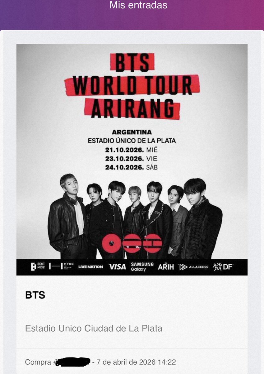 nat4444sha's tweet photo. holis, vendo 1 entrada para bts en cabecera norte para el 24/10
#BTS_WORLDTOUR_ARİRANG #BTSArgentina #BTSENTRADAS https://t.co/scjt2z8TF6