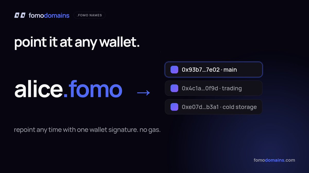 fomodomainsrh's tweet photo. a .fomo name can point at any wallet you like, and changing it doesn't cost gas.

every name has an owner, which is the wallet that paid for it, and a target, which is the wallet the name resolves to. 
but you can separate them whenever you want. keep alice.fomo pointed at your trading wallet this week and move it to your cold storage next month.

to change the target, your wallet signs a short text message that says which name you're updating and where it should point. 

transferring a name to someone else works exactly the same way, with one signature.

https://t.co/l9IMmwrRiT