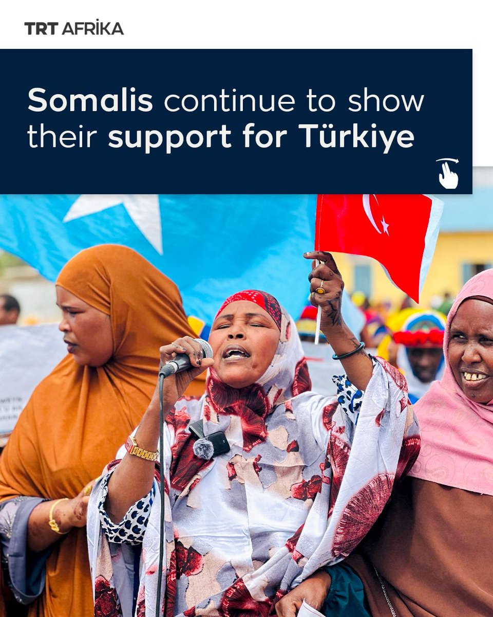 trtafrika's tweet photo. Somalis have continued to gather across the country to express gratitude for Türkiye’s support for the country, with demonstrations held on Wednesday in the southern towns of Wajid and Barawe

Thousands of demonstrators filled the streets and avenues, holding up banners that read, “Türkiye is Somalia’s big brother and has always stood by Somalia in difficult times” and “Ancient bonds of brotherhood unite Somalia and Türkiye”