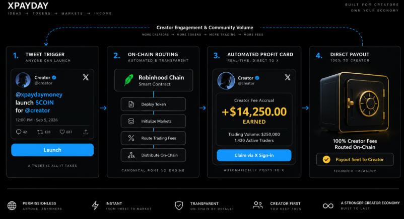 XPayDays's tweet photo. Why the $XPAY y Bot will change the game for Robinhood Chain.

1. Zero friction token creation:
You can reply to any post on X or tag @XPayDays with a ticker and any creator handle. The bot handles handle verification, metadata generation, and blockchain deployment in under 30 seconds.

2. Direct on-chain economics:
Every single trade generates creator fees that route directly on-chain to the founder treasury. There is no manual intervention or custodial escrow holding the revenue.

3. Automated viral loop:
The bot continuously tracks volume milestones on Robinhood Chain. When a token hits volume targets, it automatically generates a public milestone card into the thread, proving the coin's momentum to the creator and their community.

We are taking the entire token lifecycle and putting it directly inside the X feed.

The bot drops this week. Try the web terminal today:
https://t.co/6M4APhP2lK
