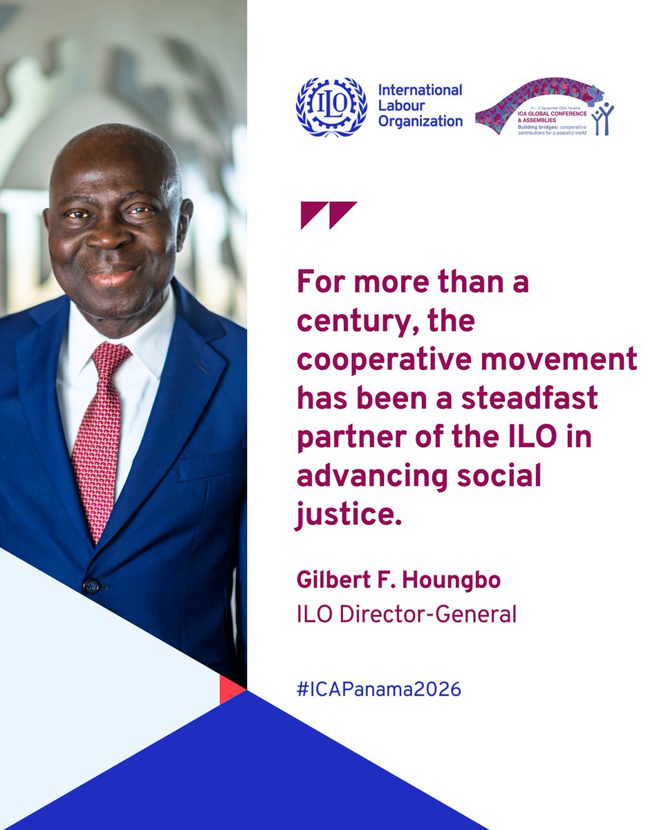 ilocoopsse's tweet photo. 🎙️In his message for #ICAPanama2026, @ILO Director-General @GilbertFHoungbo highlights the cooperative movement’s role as a steadfast partner of the ILO in advancing social justice for more than a century.

He calls for continued efforts to strengthen the contribution of cooperatives to decent work, resilience and peace, and their role as a practical expression of social justice in our economies and communities.

Full message: https://t.co/CrvuRFLCTL