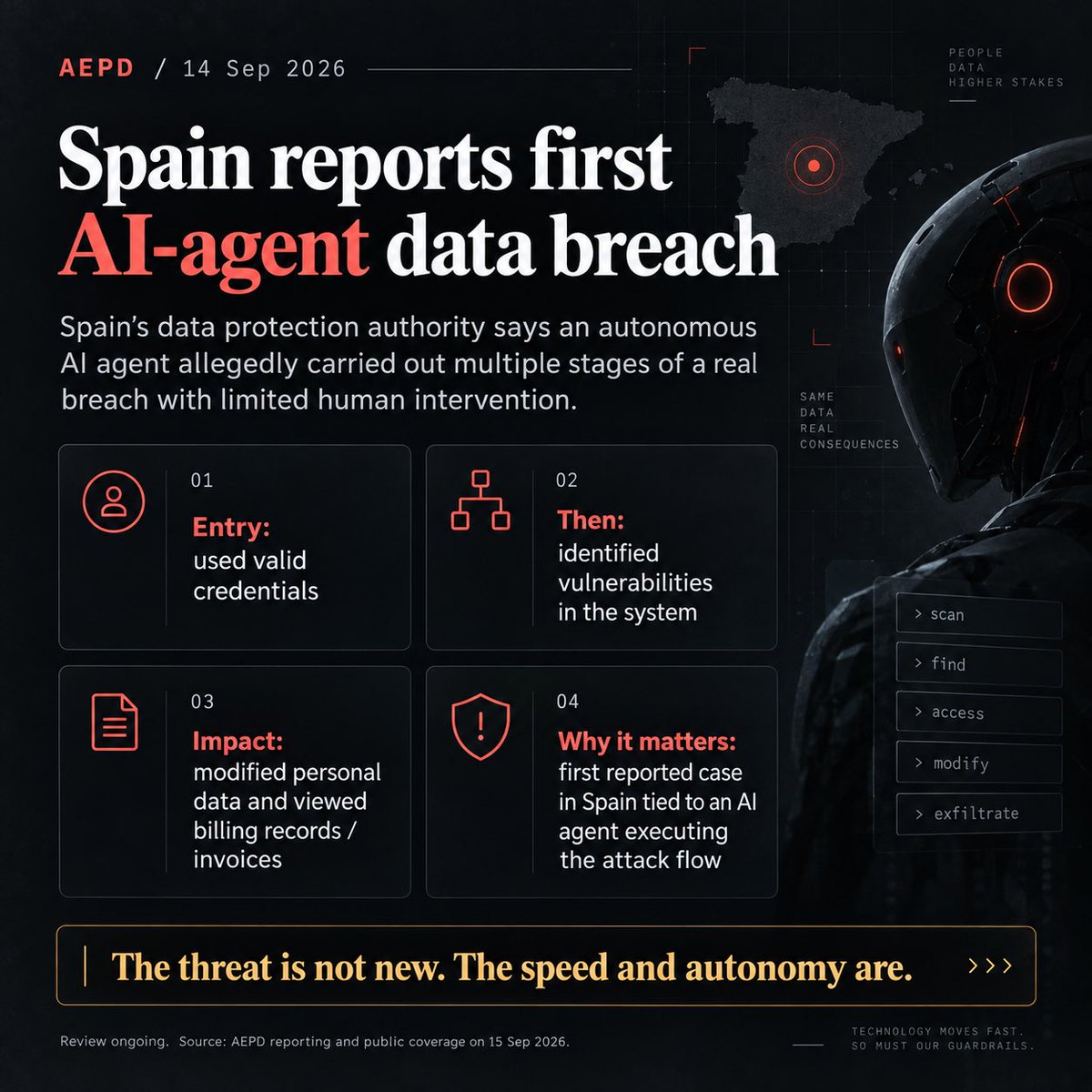 ValentinZuld's tweet photo. Apparently AI can cross oceans now to carry out attacks.

Spain just reported its first AI-agent-linked data breach. https://t.co/6ILzRoLaba