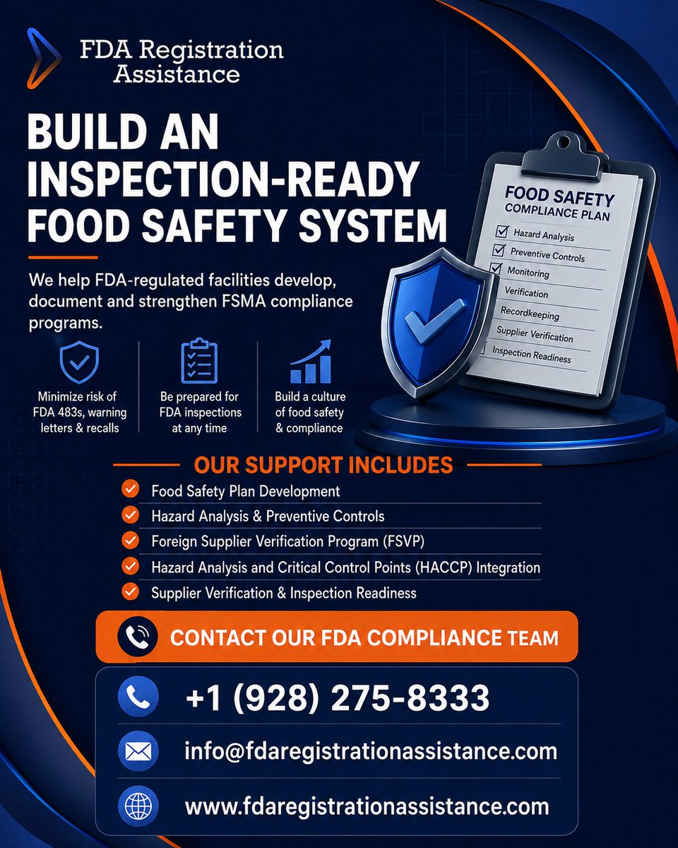 fda_assistance's tweet photo. 🥗📋In your facility FSMA-ready?

Strong food safety systems help prevent hazards, support FDA inspection readiness, and reduce compliance risk.

✅ Food Safety Plans
✅ Preventive Controls
✅ FSVP
✅ HACCP
✅ Supplier Verification
#FSMA #FDACompliance #FoodSafety https://t.co/V5azpbz4nq