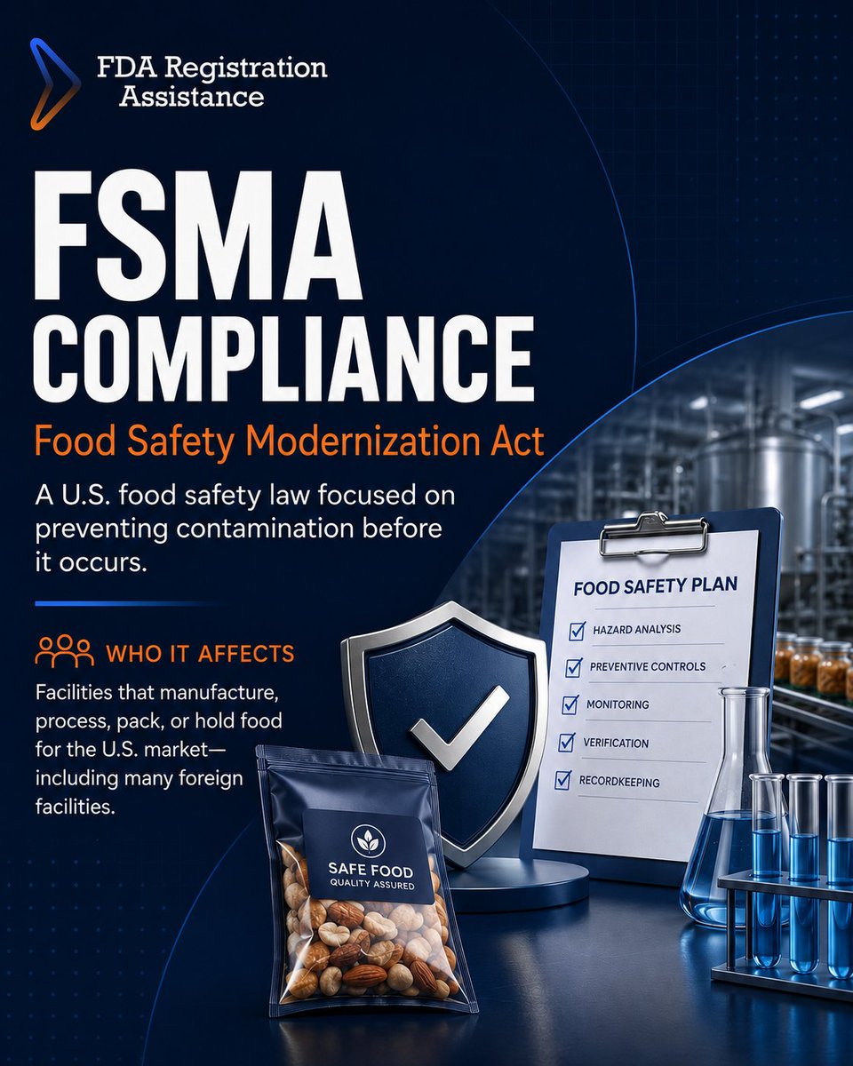 fda_assistance's tweet photo. 🥗📋In your facility FSMA-ready?

Strong food safety systems help prevent hazards, support FDA inspection readiness, and reduce compliance risk.

✅ Food Safety Plans
✅ Preventive Controls
✅ FSVP
✅ HACCP
✅ Supplier Verification
#FSMA #FDACompliance #FoodSafety https://t.co/V5azpbz4nq