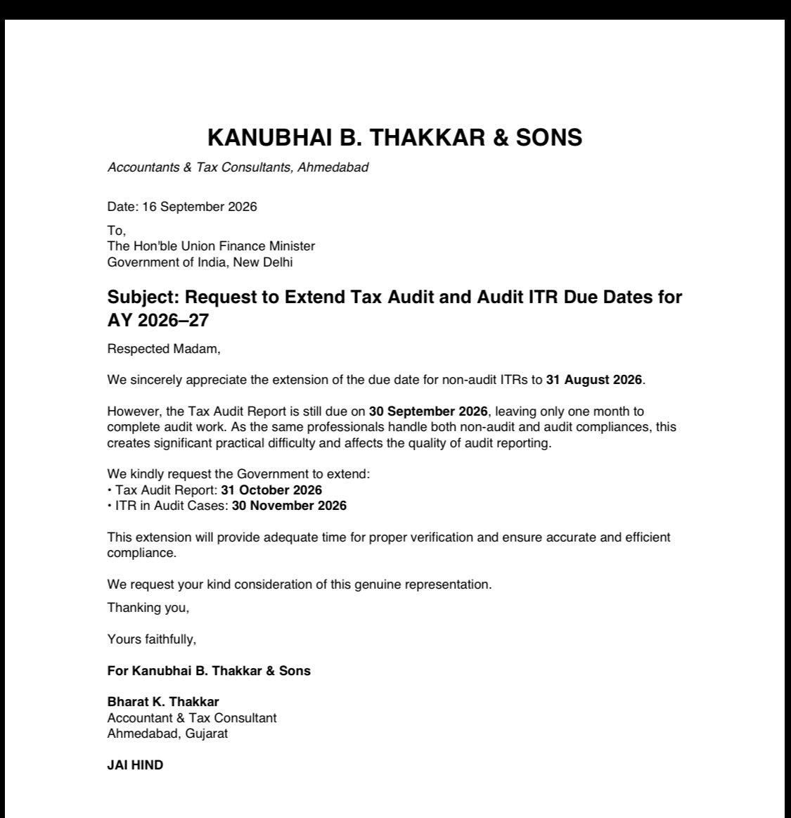 bharat57571's tweet photo. Request for Rationalisation of Due Dates for Tax Audit Report and ITR Filing in Audit Cases for Assessment Year 2026–27 https://t.co/0KKjpxHbRJ