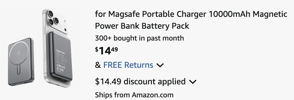 Pricerrors's tweet photo. $15 MAGSAFE PORTABLE POWER BANK FOR APPLE IPHONES 

Must use promo code "E6Q2XJRL" at checkout 

https://t.co/njNugUp1Iz #ad 

Promo code confirmed to work on multiple quantities 

Ships from Amazon - free 30 day returns https://t.co/8jDlKuU2nY