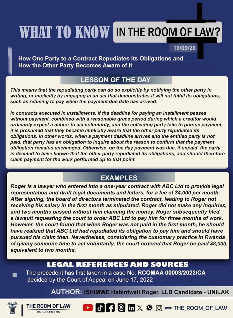 THE_ROOM_OF_LAW's tweet photo. PUB 036.S26.RGR - Uko rumwe mu mpande zigize amasezerano rwikuraho inshingano nuko urundi rubimenya.

Bana natwe, Biroroshye Biraryoshye!

EN: How one party to a contract repudiates its obligations and how the other becomes aware of it.

Stay with us, It’s easy and engaging! https://t.co/Nhfe4D55zg