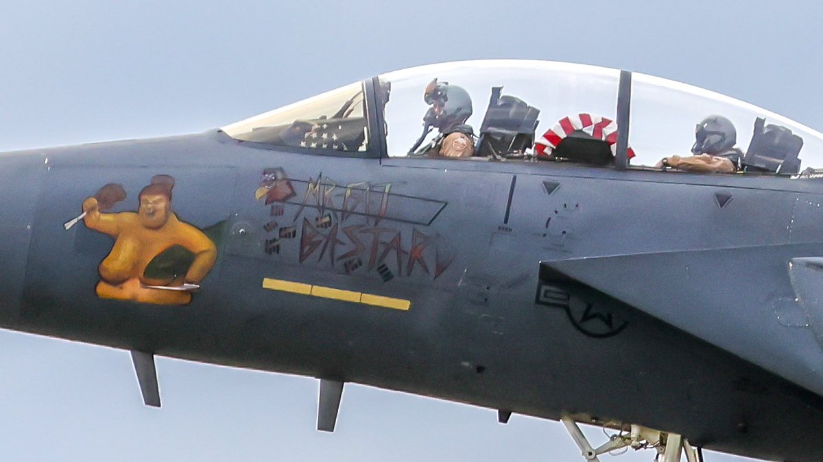 AVG_Kory's tweet photo. What a nose art! 😂 one of the MO F-15's arriving at RAF Lakenheath this afternoon 
Mr Fat B*stard https://t.co/q3J8CzkYuR