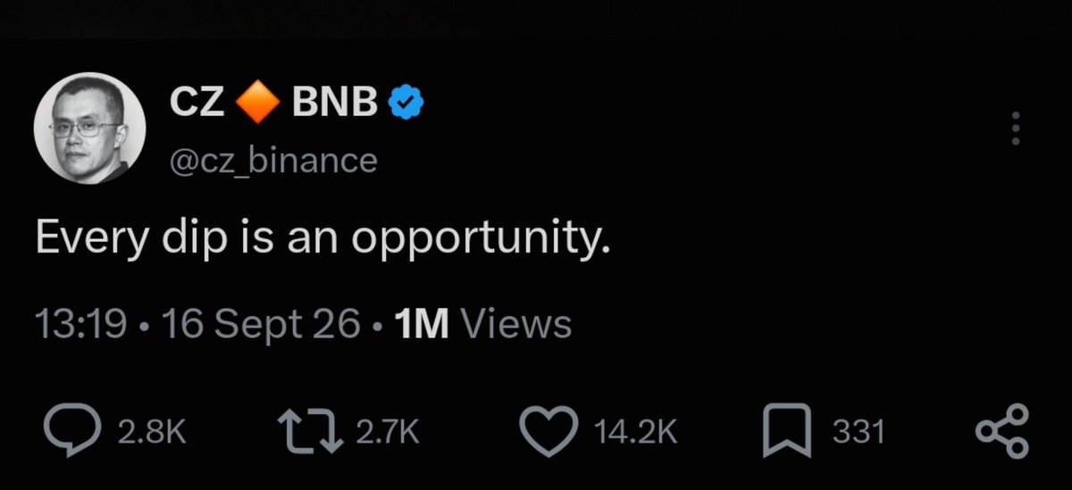 CoinRemark's tweet photo. JUST IN: Binance co-founder CZ say every dip is a buy opportunity.

Buy the $BTC, $ETH, and $BNB bottom while you still can. https://t.co/erzfgCe3mM
