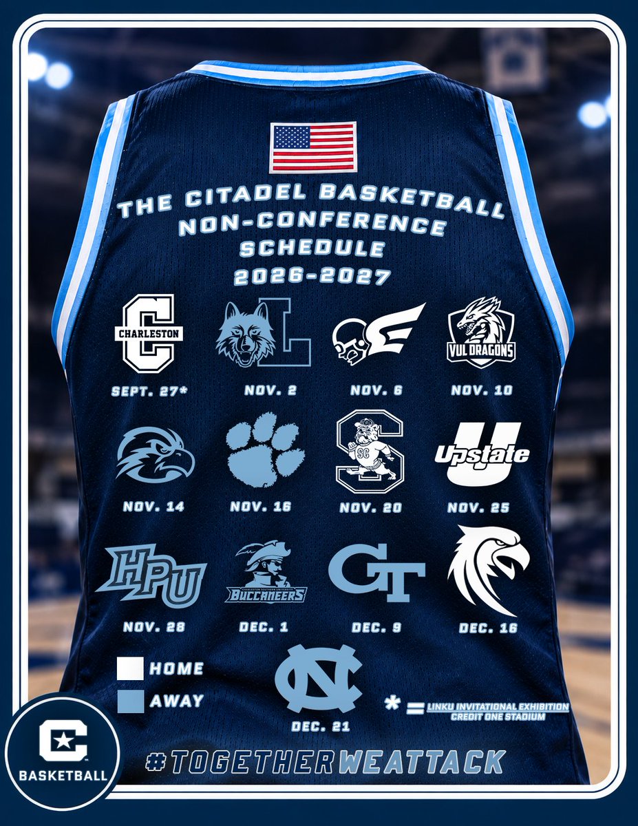 CitadelHoops's tweet photo. 𝐌𝐚𝐫𝐤 𝐲𝐨𝐮𝐫 𝐜𝐚𝐥𝐞𝐧𝐝𝐚𝐫𝐬 📆🦴

The complete 2026-27 Citadel Basketball schedule is officially set❕

Take a look at the full non-conference slate and what lies ahead for the Bulldogs this season👀

🔗 Article | https://t.co/Em0L93VcmZ

📅 Schedule | https://t.co/XmRUZICf9X

🎟️ Season tickets are on sale now, starting at $100 https://t.co/Ur4WpfVMPf

#𝐓𝐨𝐠𝐞𝐭𝐡𝐞��𝐖𝐞𝐀𝐭𝐭𝐚𝐜𝐤