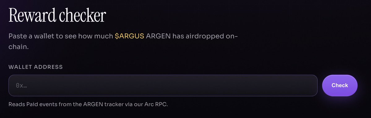 Argen_arc's tweet photo. Website has been updated:

Paste any wallet address and instantly:
→ See the full $ARGUS airdrop history
→ Check exactly how much $ARGUS the wallet received
→ Generate your own shareable reward card

How much $ARGUS have you claimed so far? 👀

Generate your card, post it on X and drop it in the comments below. Let’s see who’s been stacking 👇

https://t.co/PdwQpl1WW7