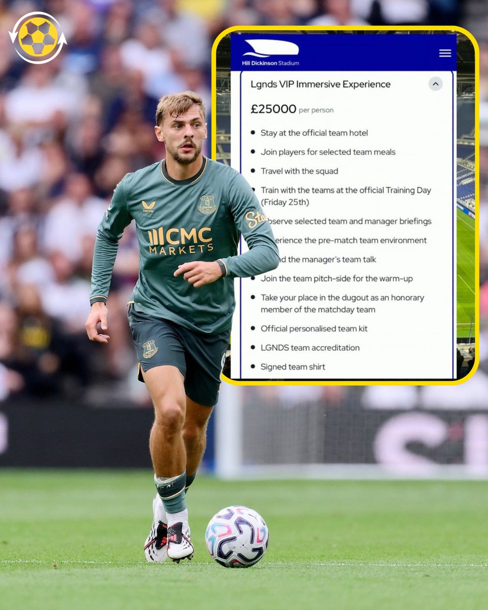 DeadlineDayLive's tweet photo. 🚨 Everton are offering fans the chance to spend a week living like a Premier League player for £25,000. 🤯

✅ Stay at the team hotel
✅ Eat with the players
✅ Travel with the squad
✅ Take part in a training session
✅ Attend team meetings and the manager’s pre-match team talk
✅ Join the warm-up pitch-side
✅ Sit on the bench
✅ Receive a personalised shirt