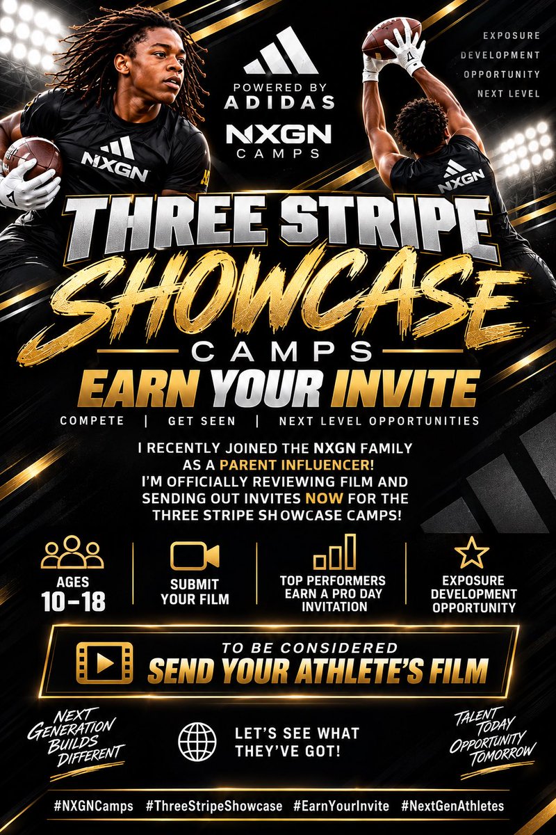 DollMarsh29's tweet photo. 🚨 ATHLETES — WANT TO EARN YOUR INVITE? 🏈🔥

I’m officially reviewing film and sending out NXGN Three Stripe Showcase Camp invites! 👀🎥

⭐ AGES 10–18
🎬 Send me your best highlights
🏈 EARN YOUR INVITE
🔥 Compete. Get noticed. Show what you’ve got.
🏆 Top performers can earn an exclusive Pro Day invitation!

Parents, coaches & athletes: Drop that film! Your next opportunity could start with ONE CLIP. 👀💨

Tag an athlete I NEED to see! ⬇️

#NXGNCamps #ThreeStripeShowcase #EarnYourInvite #FootballRecruiting #YouthFootball #HighSchoolFootball #StudentAthlete #NextGenAthletes #FootballTraining #FootballCamp #GridironTalent #NextLevelFootball