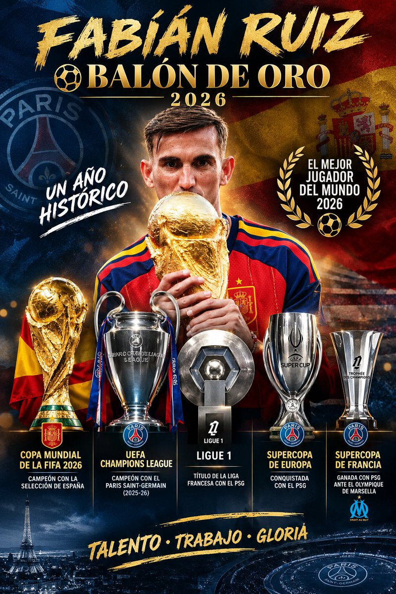 Pepelias17_'s tweet photo. 🏆 Sobre el Balón de Oro

❌ Lamine Yamal es un sensacional futbolista, pero ni brilló especialmente con España en el Mundial ganado ni con el Barça en la Champions, donde fue eliminado en cuertos de final. Es muy joven y tiene tiempo de sobras para acumular méritos y ganar varios Balones de Oro 

❌ Harry Kane fue el máximo goleador europeo de la 2025/26 con el Bayern y ya tiene su Bota de Oro. Suficiente

❌ El tiempo de Messi y Cristiano Ronaldo ya pasó y ni compiten en ligas de primer nivel

❌ Kylian Mbappe no ha ganado apenas nada desde que llegó al Real Madrid (solo una Supercopa de Europa) y curiosamente el PSG empezó a ganarlo todos desde que se fue. El fútbol es un juego de equipo

✅ Fabián Ruiz hace mejores a todos los equipos en los que juega: este año ha ganado el Mundial 2026 con España, con la que ganó la Eurocopa de 2024 y la Liga de las Naciones de 2023, la Champions por segunda vez con el PSG, aparte de la Ligue 1 por cuarta, la Supercopa de Europa por segunda y la de Francia la ganó ya dos veces (tres la Supercopa francesa). Lleva 50 partidos sin perder solo uno con la selección española y en 2019 fue campeón y elegido mejor jugador del Europeo sub 19. Los méritos acumulados por @FabianRP52  lo hacen acreedor indiscutible al Balón de Oro de 2026.