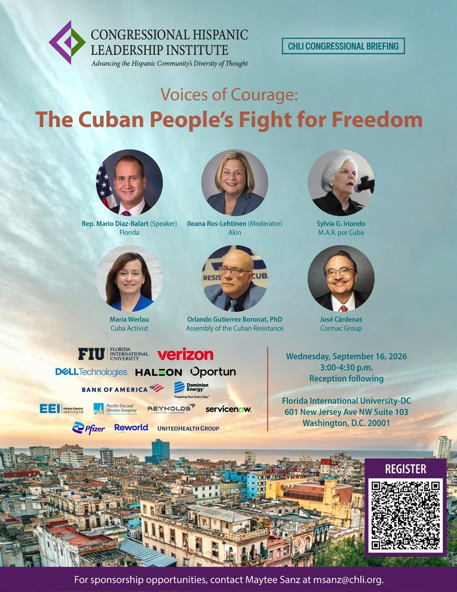 TheCHLI's tweet photo. We are two hours away!

Join us for the Voices of Courage: The Cuban People's Fight for Freedom where the CHLI Congressional Briefing will elevate the voices of those advocating for a free Cuba, explore the ongoing challenges facing the Cuban people, and discuss the path toward democracy.

You can register to attend in person or watch via our livestream here: https://t.co/9Lh2D0iH0F