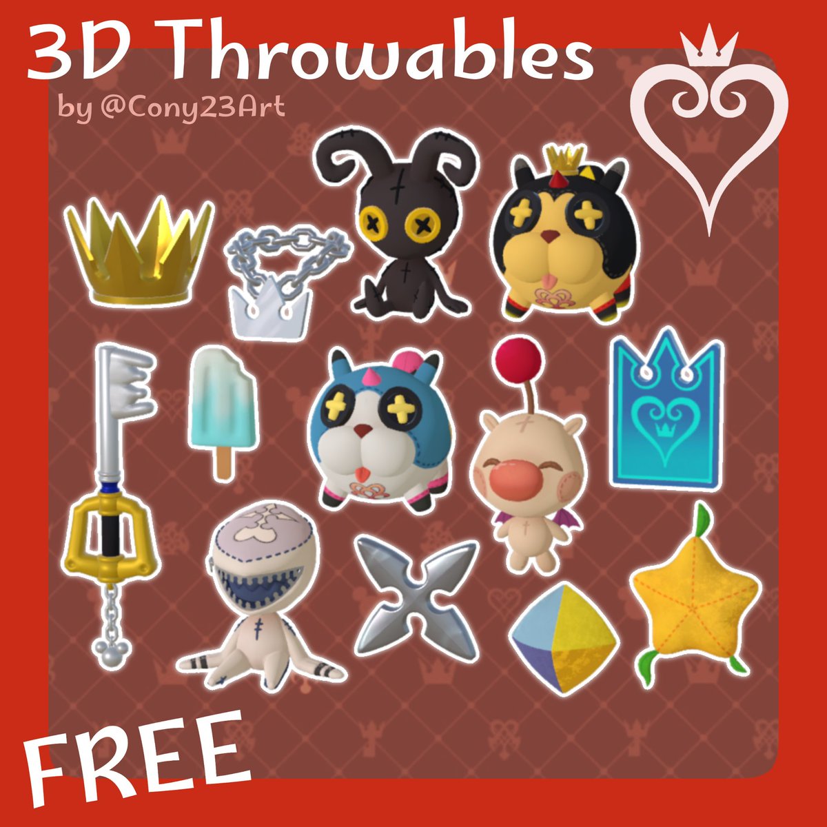 Cony23Art's tweet photo. They are here! Kingdom Hearts throwables for Vtubers, for Free 👑

There are 13 darknesses.. I mean, props, to download 🖤

Currently available for VNyan, TITS/VConnect ✨

Warudo coming soon! ❤️‍🩹

I hope you like them! I put a lot of love on them 😻 

VGen Shop below 🗝️ https://t.co/Cvl1LTxJZA