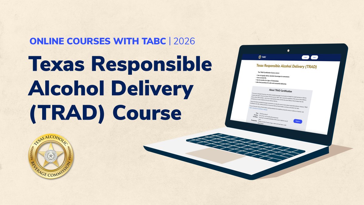 TexasABC's tweet photo. If your business holds a Consumer Delivery (CD) Permit, TABC can certify drivers to help them safely deliver alcoholic beverages.

Sign up for the Texas Responsible Alcohol Delivery (TRAD) course, and learn how to safely and responsibly sell alcohol to-go: https://t.co/OmpFf299bC https://t.co/KwAgiyPydX