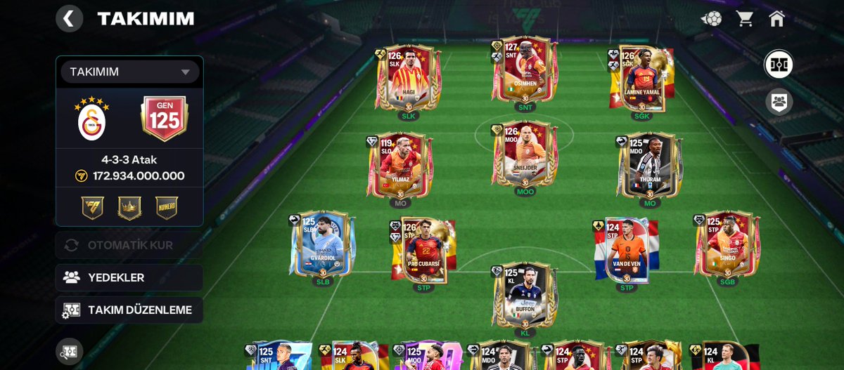 ageofempires2c5's tweet photo. EA Sports FC Mobile oyununda kurduğum kadro bu şekildedir. 

Kurduğum kadrodaki en iyi oyuncu 127'lik Victor Osimhen'dir. 

4-3-3 Atak Taktiği ile maçlara devam ediyorum! 

Her gün 2000 Cevher karşılığında 1 Draft Bileti almayı unutmamalıyız! 

#EASportsFCMobile 
#Galatasaray https://t.co/BEuZjYdFKS