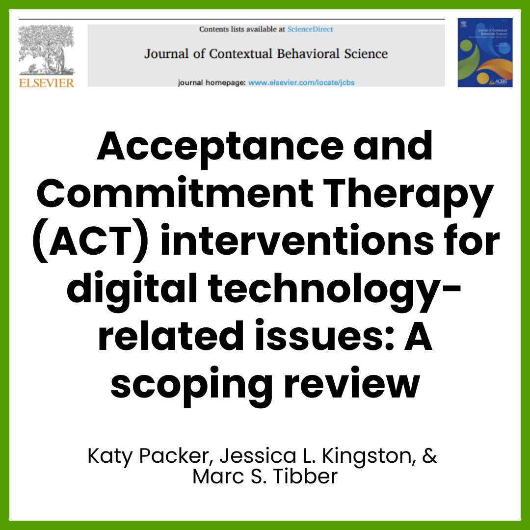 myACBS's tweet photo. Can ACT help us navigate the digital world?

A new review maps the growing research on ACT interventions for digital technology-related issues—from problematic social media use and gaming to smartphone use, online pornography, and cyberbullying.

The review identified 21 interventions across 20 studies, with values and experiential avoidance among the most common ACT targets. But there’s still work to do: researchers call for clearer intervention protocols, stronger study designs, and greater attention to mechanisms of change.

Where does ACT fit in an increasingly digital world? Read the full review: https://t.co/KsfCsPQSwz

#JCBS #ACBS #ACT #DigitalMentalHealth #mentalhealth #PsychologicalFlexibility #psychology