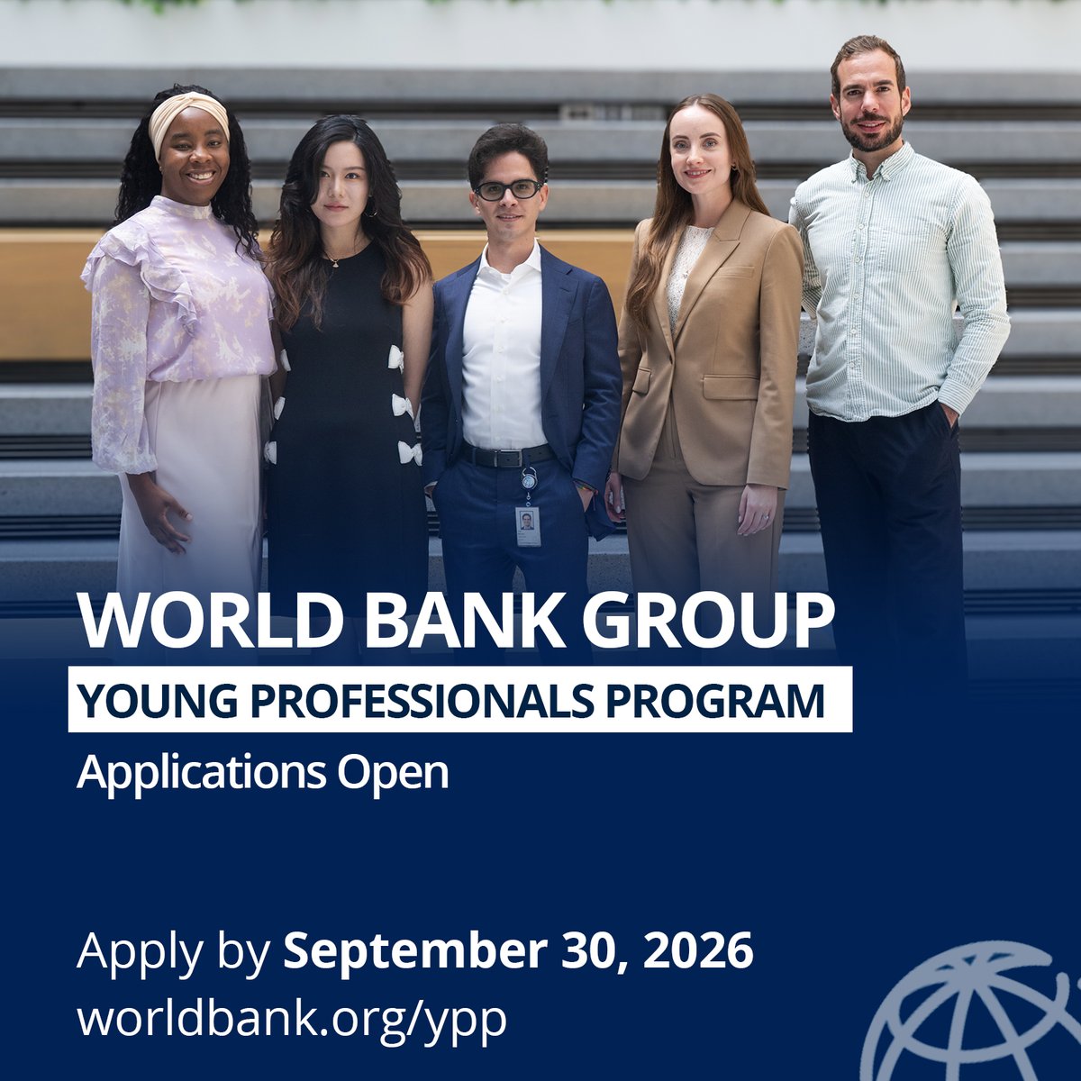 UNYouthAffairs's tweet photo. Interested in a career in global development? 🌍

The @WorldBankGroup 's Young Professionals Program offers opportunities to build expertise, gain international experience and contribute to projects tackling global challenges.

Apply by 30 Sep: https://t.co/4XnH5hv7fC

#YouthLead https://t.co/3zETz70Gvj