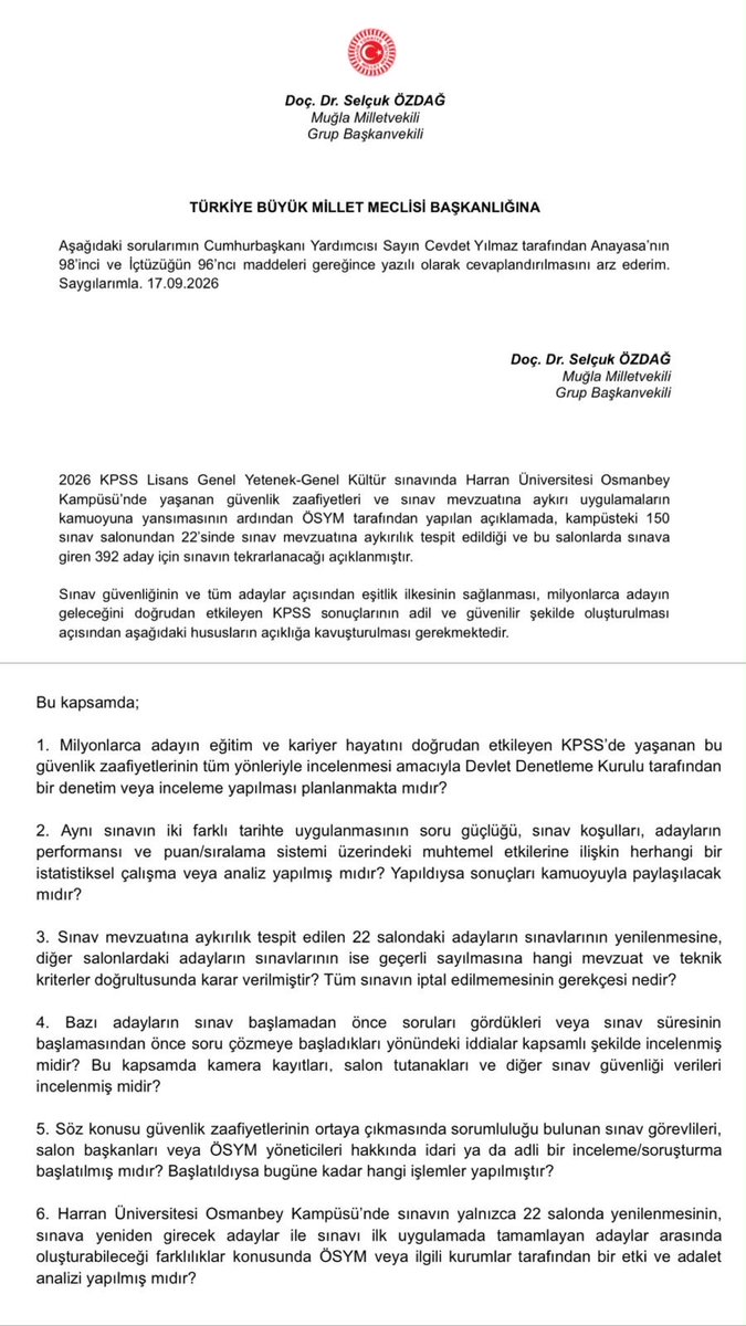 selcukozdag's tweet photo. ÖSYM’nin eline yüzüne bulaştırdığı KPSS skandalıyla ilgili sorulması gerekenleri, Cumhurbaşkanı Yardımcısı Sn. Cevdet Yılmaz’a ve Milli Eğitim Bakanı Sn. Yusuf Tekin’e sordum❗️

Soru önergesini yarın sabah TBMM Başkanlığına teslim edeceğim. https://t.co/Jr38cWmGOv