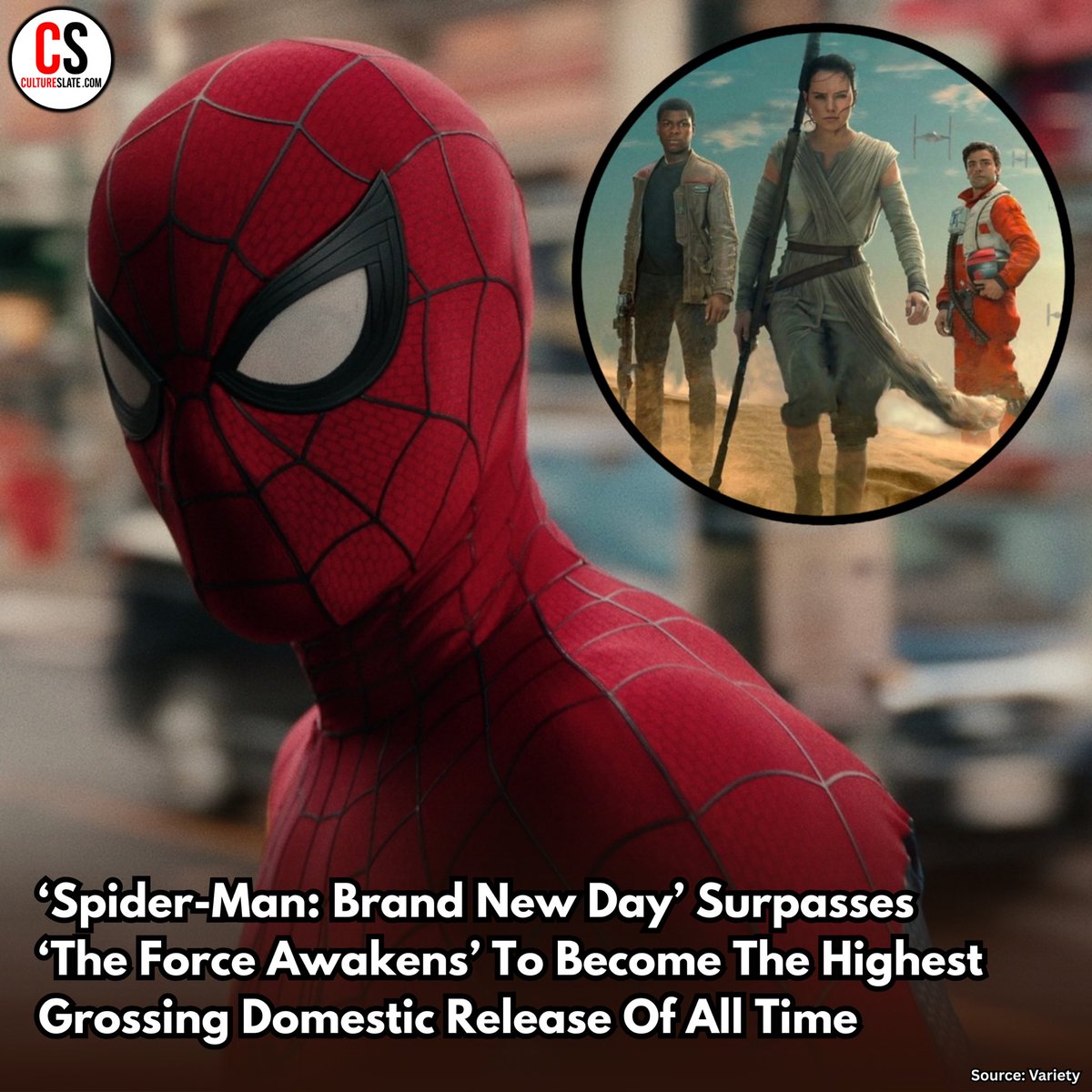 CultureSlate's tweet photo. The North American box office has a new king! ‘Spider-Man: Brand New Day’ so far has earned $936.773 million domestically, topping the most impressive totals ‘Star Wars: The Force Awakens’ brought in over 10 years ago. 💰 Via: @Variety 

#SpiderMan #StarWars #BoxOffice https://t.co/ZQjBG3SJXP