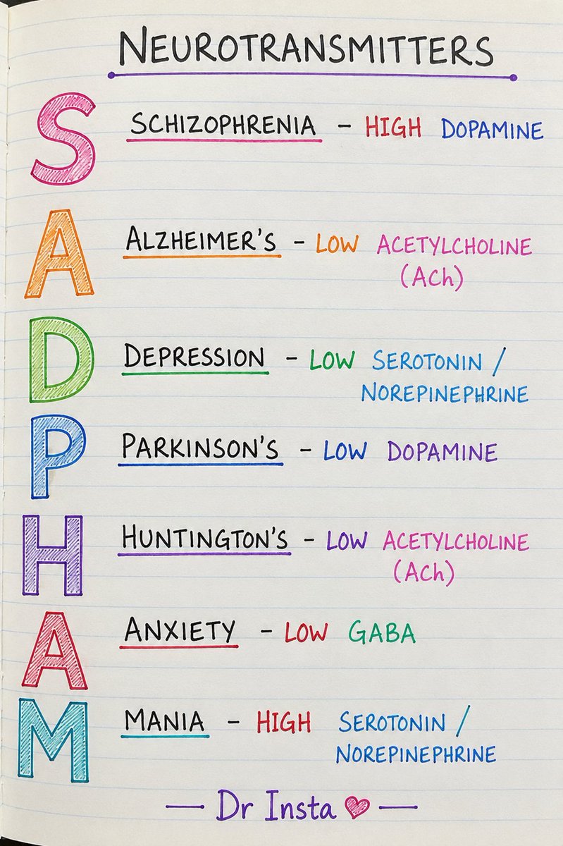 doctorinstaha's tweet photo. Neurotransmitters are chemical messengers that transmit signals between neurons.

Examples:
Glutamate—excitatory | GABA—inhibitory | Dopamine—reward & movement | Serotonin—mood & sleep | ACh—memory & muscle contraction

#Neurotransmitters #Neuroscience #Neurology #MedEd #Medicine #MedicalEducation