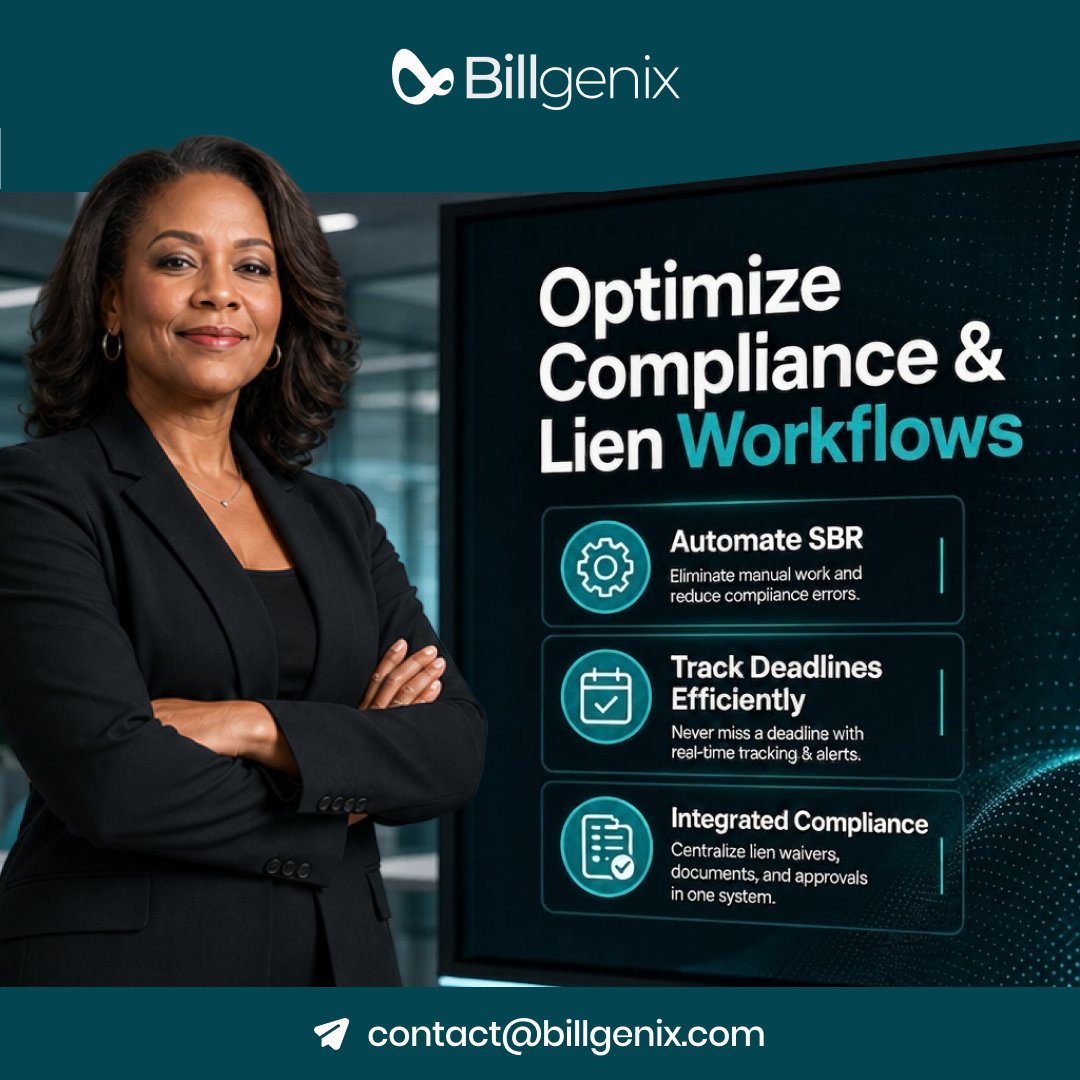 billgenix's tweet photo. Optimize compliance and lien workflows with BillGenix! Automate SBR, generate exhibits, and track deadlines effortlessly. Discover the future of compliance management. #OptimizeWorkflows #BillGenix #ComplianceManagement #RevenueCycleManagement https://t.co/o2iwh7gurN