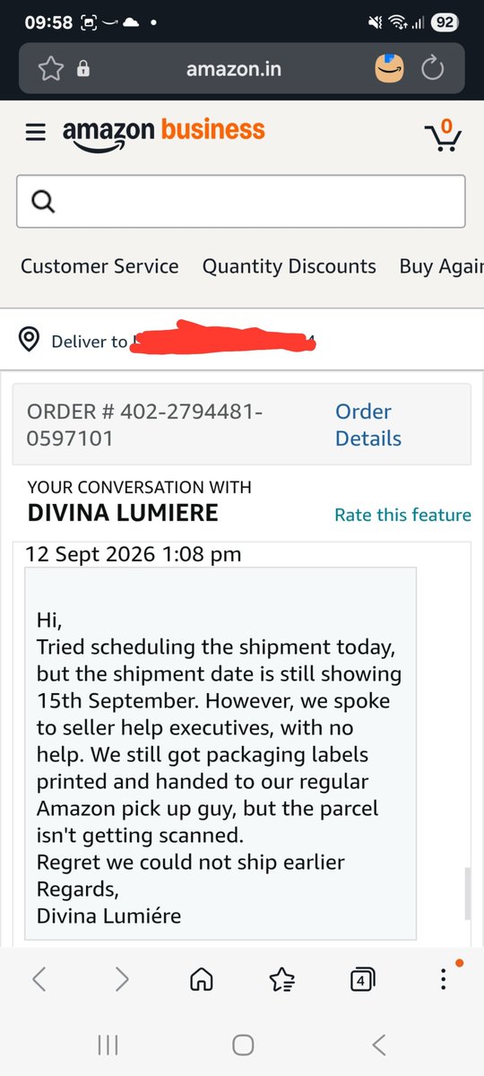 usmanrahman's tweet photo. @AmazonHelp @AmazonIN Urgent: Order #402-2794481-0597101. Seller is ready, but your system lock delayed it. Plz dispatch from Pagaon warehouse to Kanpur immediately. Function on Sept 20. @nch1915 complaint docket 10176357 filed. Expecting expedited delivery. @amazon @amazonnews https://t.co/hpOGRL2u4r