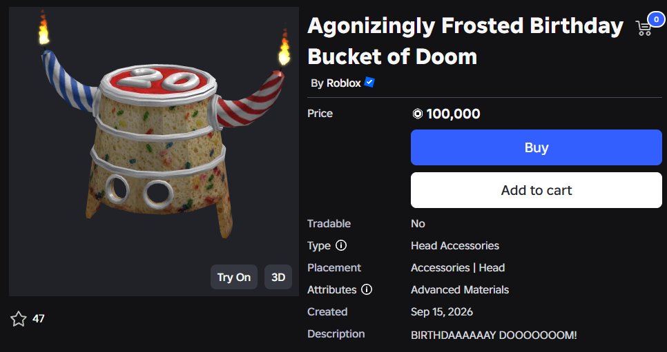 Rolimons's tweet photo. New Roblox Item: Agonizingly Frosted Birthday Bucket of Doom
Price: 100,000 Robux
https://t.co/t6U1pXrNiu https://t.co/HJs7um1MVa