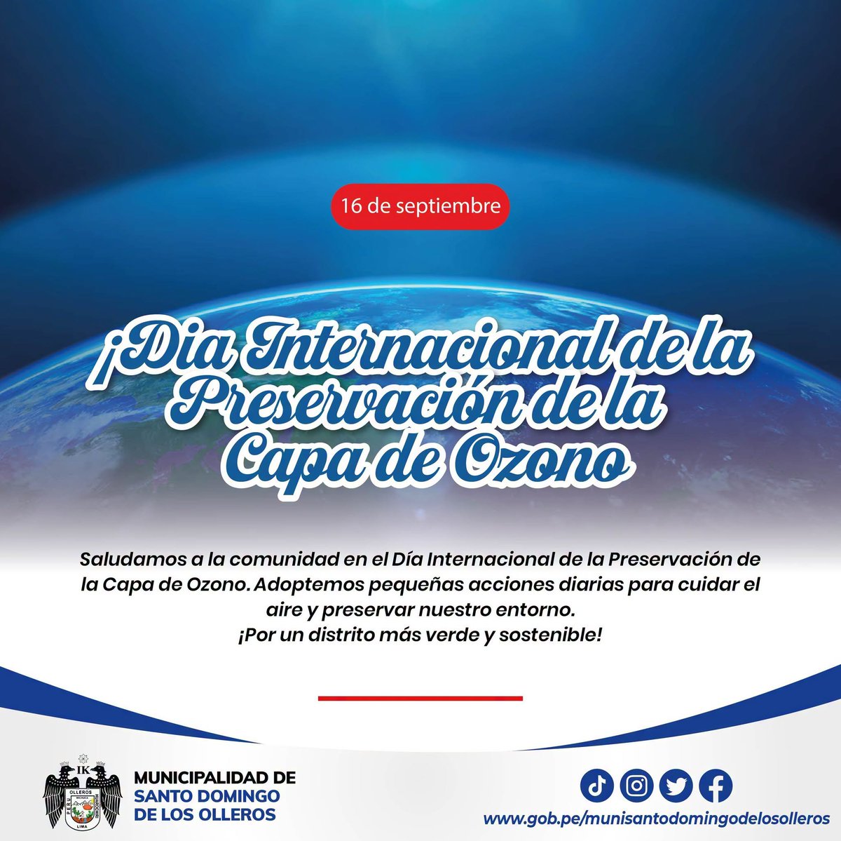 MuniOllerosHuar's tweet photo. ¡NUESTRO ESCUDO PROTECTOR NOS NECESITA! FELIZ DÍA DE LA CAPA DE OZONO
Hoy, 16 de septiembre, nos unimos a la celebración del Día Internacional de la Preservación de la Capa de Ozono. Este año, el lema es: «Acción global para un planeta más fresco». https://t.co/cpQhcB7P1u