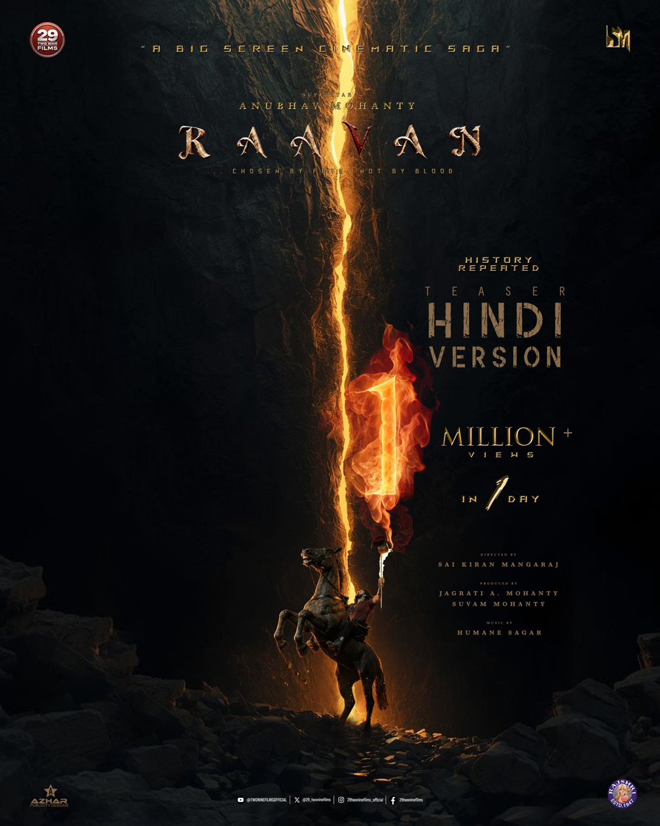 29_twoninefilms's tweet photo. RAA’V’AN HINDI TEASER — 1 MILLION+ VIEWS IN JUST 1 DAY!
HISTORY REPEATED.
From Odisha to The Nation, the roar of RAA’V’AN continues to grow louder.
Thank you, India, for the incredible love, support and response. 🇮🇳
The roar has only just begun. 🔥
#RAAVAN #RAAVANHindiTeaser https://t.co/fsym2bxpul