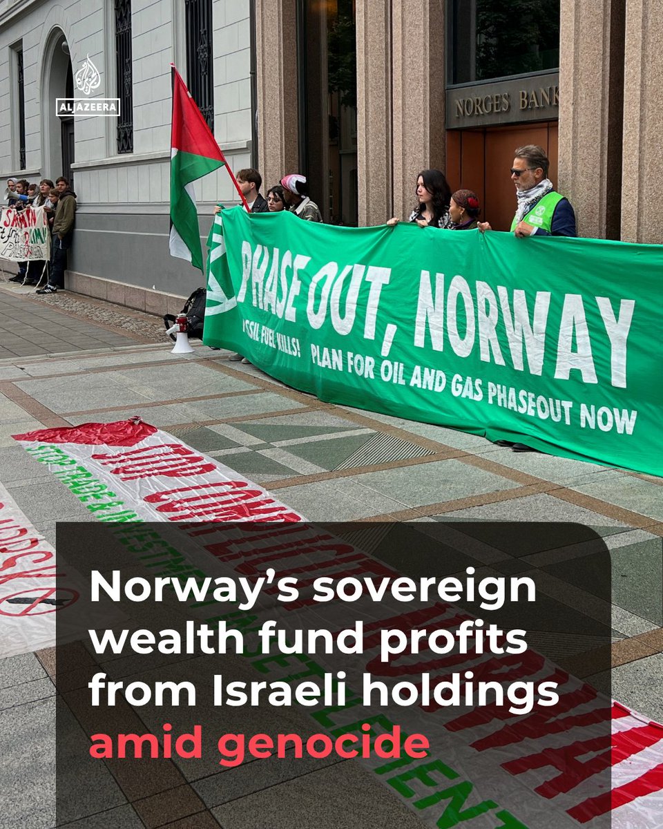 AJEnglish's tweet photo. The value of Norway’s sovereign wealth fund’s investments in Israeli companies has risen despite the fund cutting its holdings last year, prompting renewed ethical concerns over Norwegian public money linked to Israel’s genocide in Gaza.

🔗: https://t.co/zellRcwPPJ https://t.co/u3CqIVIkOY