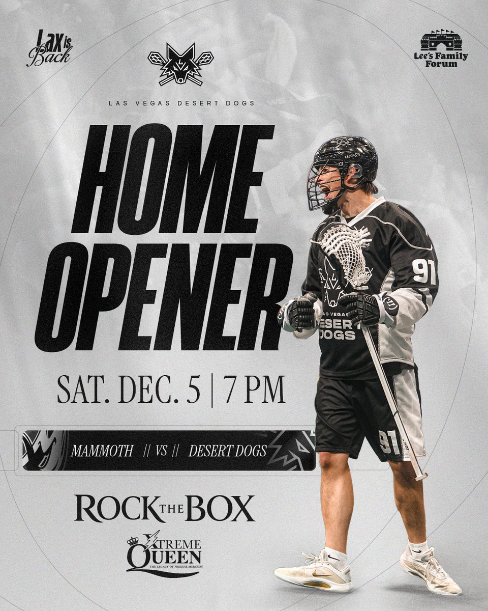 vegasdesertdogs's tweet photo. LAX IS BACK! 🔥🐾
The countdown to Dec. 5 is ON as we open Season 5️⃣ at home against the Colorado Mammoth!
#LaxIsBack | #DefendTheDen https://t.co/zfV1WcZpKW