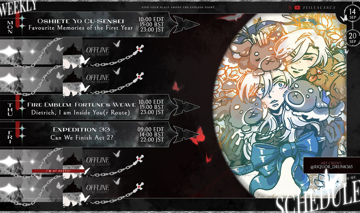 FeileacanCu's tweet photo. Schedule for 09/14 - 09/20 FIRE EMBLEM FORTUNE'S WEAAAAAAAAVE! And VeXpo <3

🦋Hashtags🐕
LIVE: #OshieteYoCuSensei
Art: #FeileaCanvas
Thumbnails: #Cuuticle
Clips: #FeileaVision https://t.co/4wp7FGGDsK