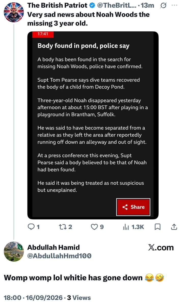 TheBritLad's tweet photo. Disgusting behaviour from usual suspects celebrating the death of a child.

Fucking sicko. @AbdullahHmd100 https://t.co/uOt9Ph0lyf