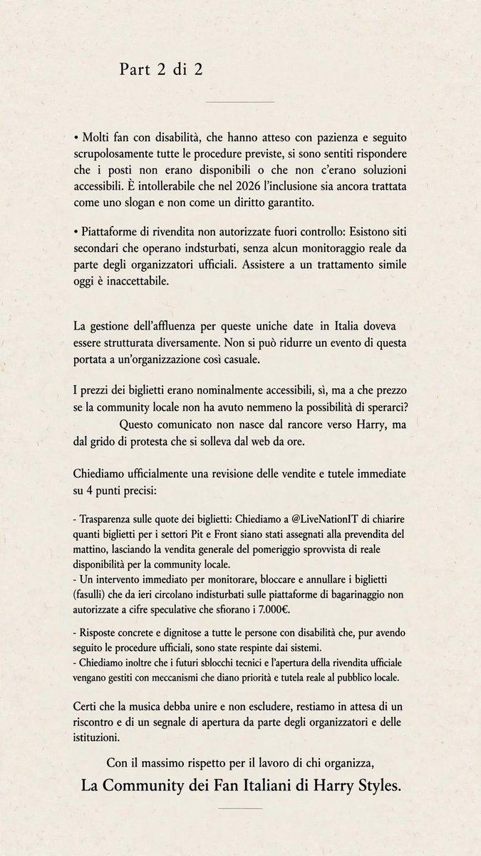 HSNewsItalia's tweet photo. Abbiamo raccolto tutti i messaggi e le vostre segnalazioni in questo post. Con il desiderio di dare voce a chi ci scrive da giorni per evidenziare diverse problematiche. 

@LiveNationIT 
@TicketOneIT@Vivaticket
@Ticketmaster @TMFanSupport @HSHQ #HarryStyles #CircoMassimo #Roma https://t.co/uQRghepNW0