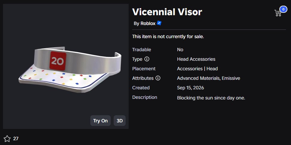 Rolimons's tweet photo. New Roblox Item: Vicennial Visor
Price: Currently Off Sale
https://t.co/zxvObf3wUy https://t.co/MAMGqY4bcr