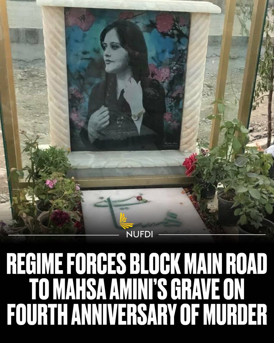 NUFDIran's tweet photo. Mahsa Amini's father reported that regime forces have blocked the main road leading to her resting place, as Iranians mark four years since the regime murdered her.

Four years later, the regime is still terrified of her memory and what she awakened in Iran. https://t.co/nAdB11H3hd