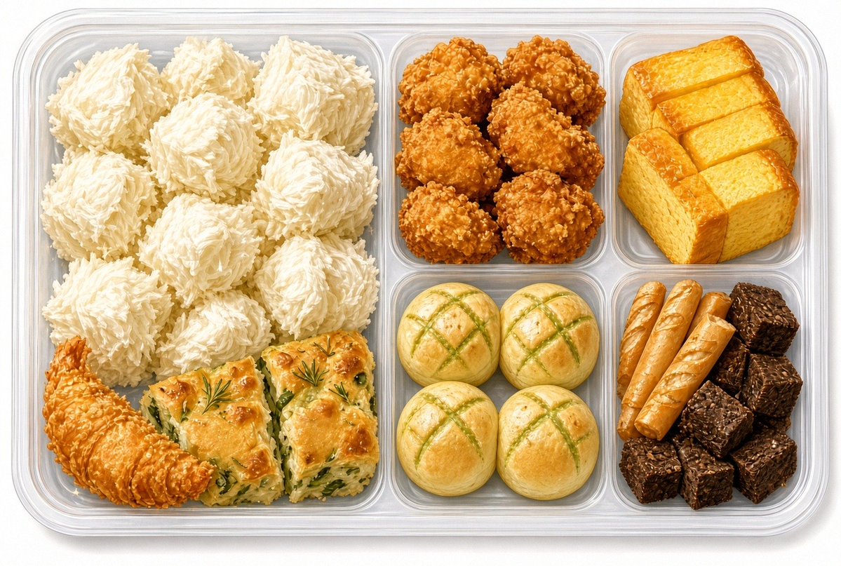 MameriShinonome's tweet photo. @NGPIOGNDGPIO15 

たくさんリポストしてくれてありがとうございます🙌

パン弁当をあげるね！🍱

「ご飯」→ ちぎった白い食パン（しょくぱん）
「唐揚げ」→ カレーパンを小さく切ったもの
「卵焼き」→ 黄色いブリオッシュを重ねたもの
「ウインナー」→ バゲットを細長く切ったもの
「サラダっぽいもの」→ ハーブフォカッチャ
「漬物」→ ライ麦パンの小さなキューブ
「エビフライ」→ クロワッサン