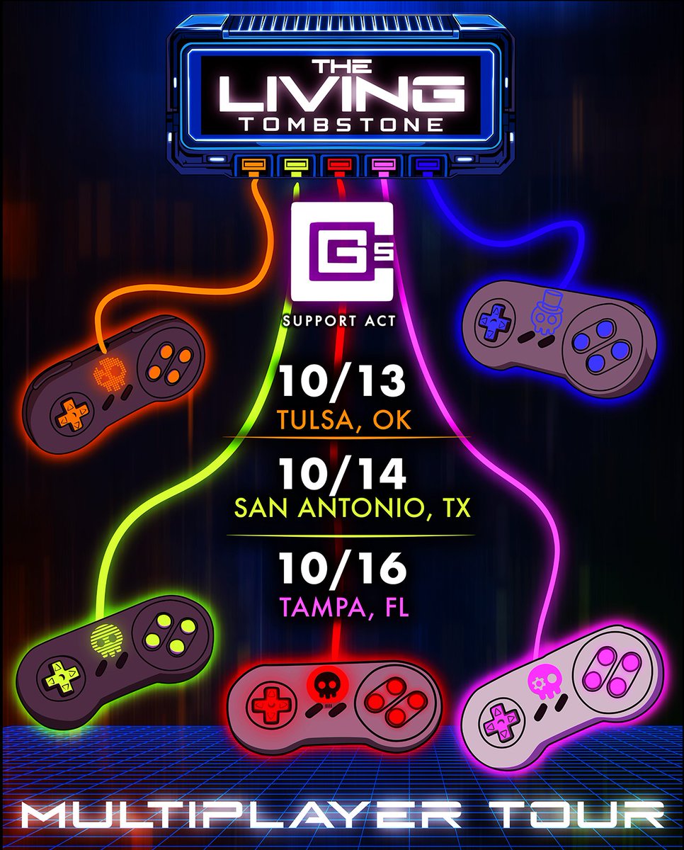 LivingTombstone's tweet photo. Please give a warm welcome to our STACKED cast of supporting acts &amp; openers of our upcoming North American Tour!!

@QbombBand, @OdysseyEB, @cg5beats, @MysterySkulls, @McGwireMusic, @TreWatsonMusic, @dompalombimusic, Madison Rose, @MegaRan, @GameboyJones, @SugarVisionYoav + more!! https://t.co/uHivazBwOt